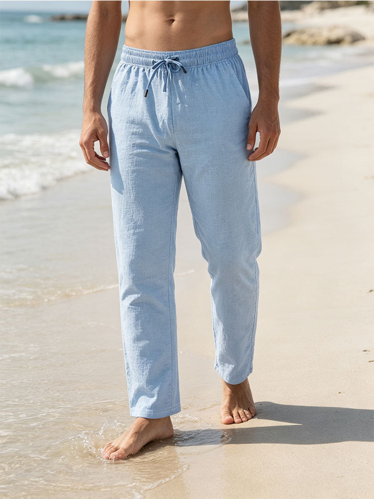 Herren Leichte Leinen-Baumwoll-Hose mit Tunnelzug, elastischem Bund und geradem Schnitt Echoarchiv