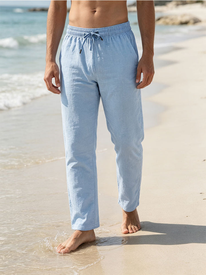 Herren Leichte Leinen-Baumwoll-Hose mit Tunnelzug, elastischem Bund und geradem Schnitt Echoarchiv