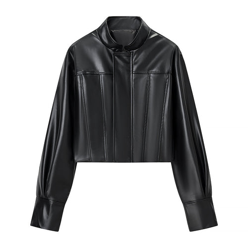 Damen Gekürzte Boxy-Kunstlederjacke mit Stehkragen und konstruktiven Teilungsnähten Echo Archiv