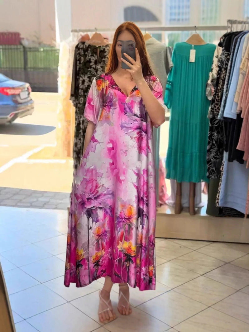 Damen nan fließendes Maxi-Kaftankleid mit V-Ausschnitt und großflächigem Aquarell-Blumenprint Echo Archiv