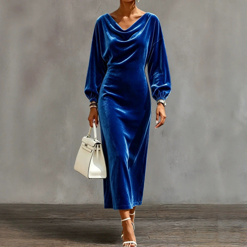 Damen Midikleid aus Samt mit drapiertem Wasserfallkragen und Ballonärmeln Echoarchiv