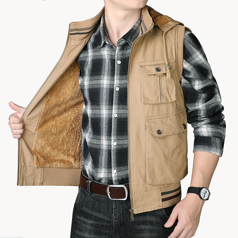 Herren Utility-Weste mit Kapuze, Teddyfutter und Multifachtaschen – Marzano