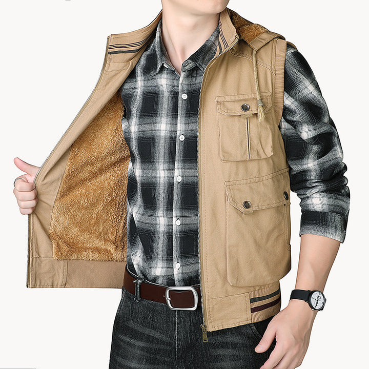 Herren Utility-Weste mit Kapuze, Teddyfutter und Multifachtaschen – Marzano
