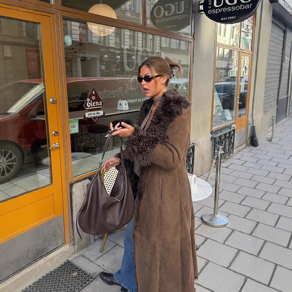 Damen Maxilanger Kunstvelours-Mantel im Shearling-Stil mit Schalkragen und Knopfleiste Echoarchiv