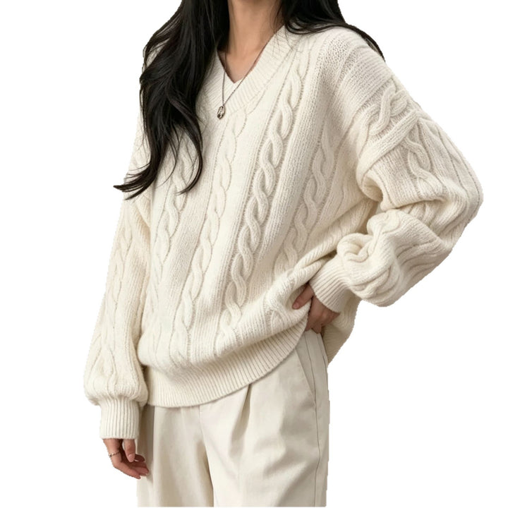 Damen Oversize Zopfmuster V-Ausschnitt Strickpullover mit überschnittener Schulter – Mavelle