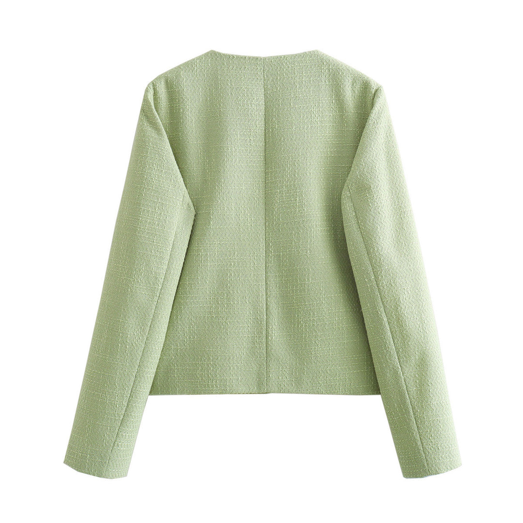 Damen kurzgeschnittene Bouclé-Boxyjacke mit Rundhalsausschnitt und aufgesetzten Taschen – Célinea