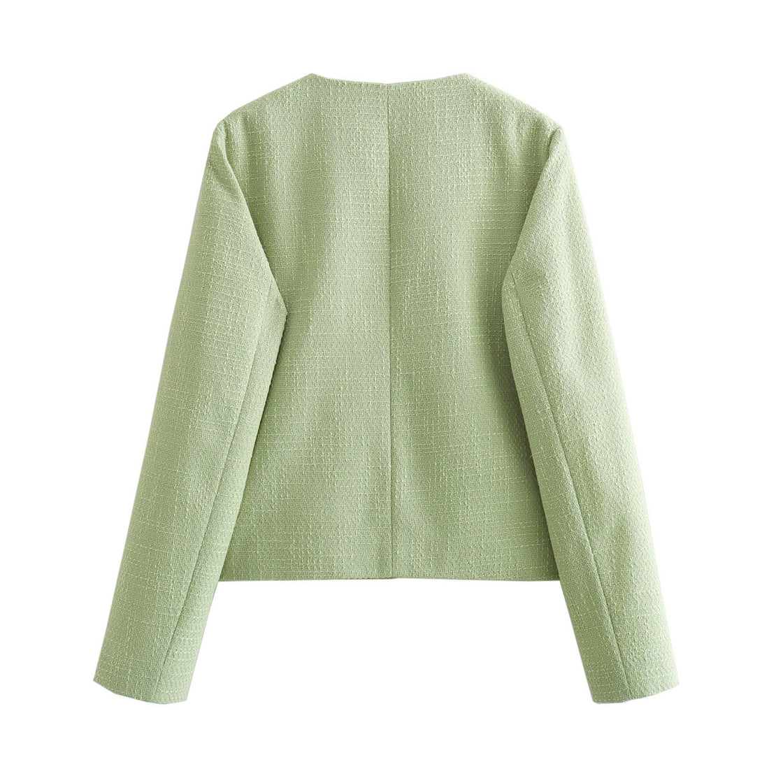 Damen kurzgeschnittene Bouclé-Boxyjacke mit Rundhalsausschnitt und aufgesetzten Taschen – Célinea