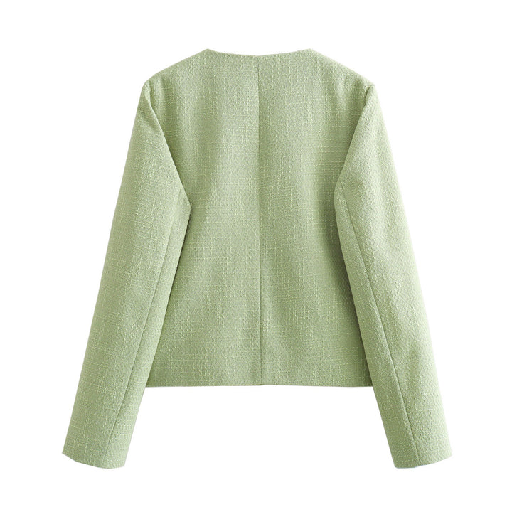 Damen kurzgeschnittene Bouclé-Boxyjacke mit Rundhalsausschnitt und aufgesetzten Taschen – Célinea