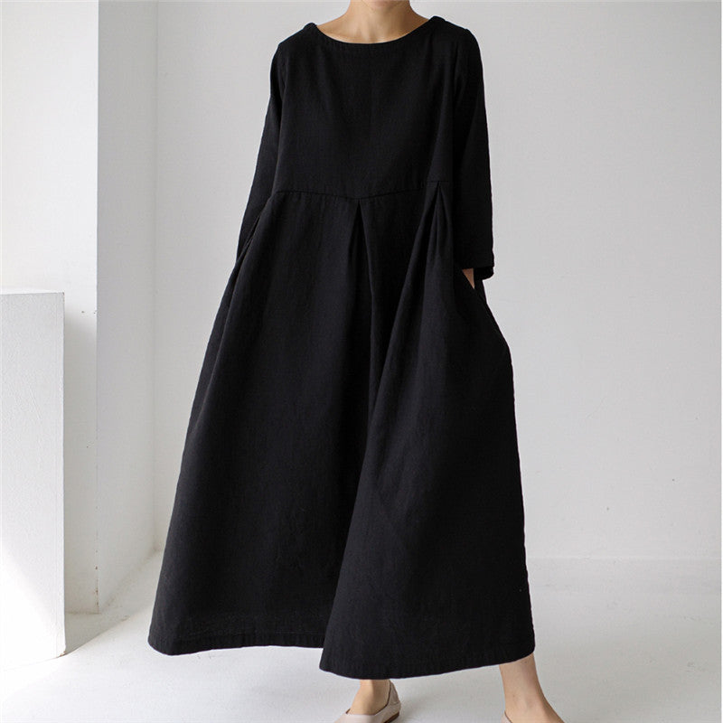 Damen Maxikleid aus Leinenmix mit geraffter Hüftpasse, seitlichen Eingrifftaschen und weitem Tellerrock – Valéora