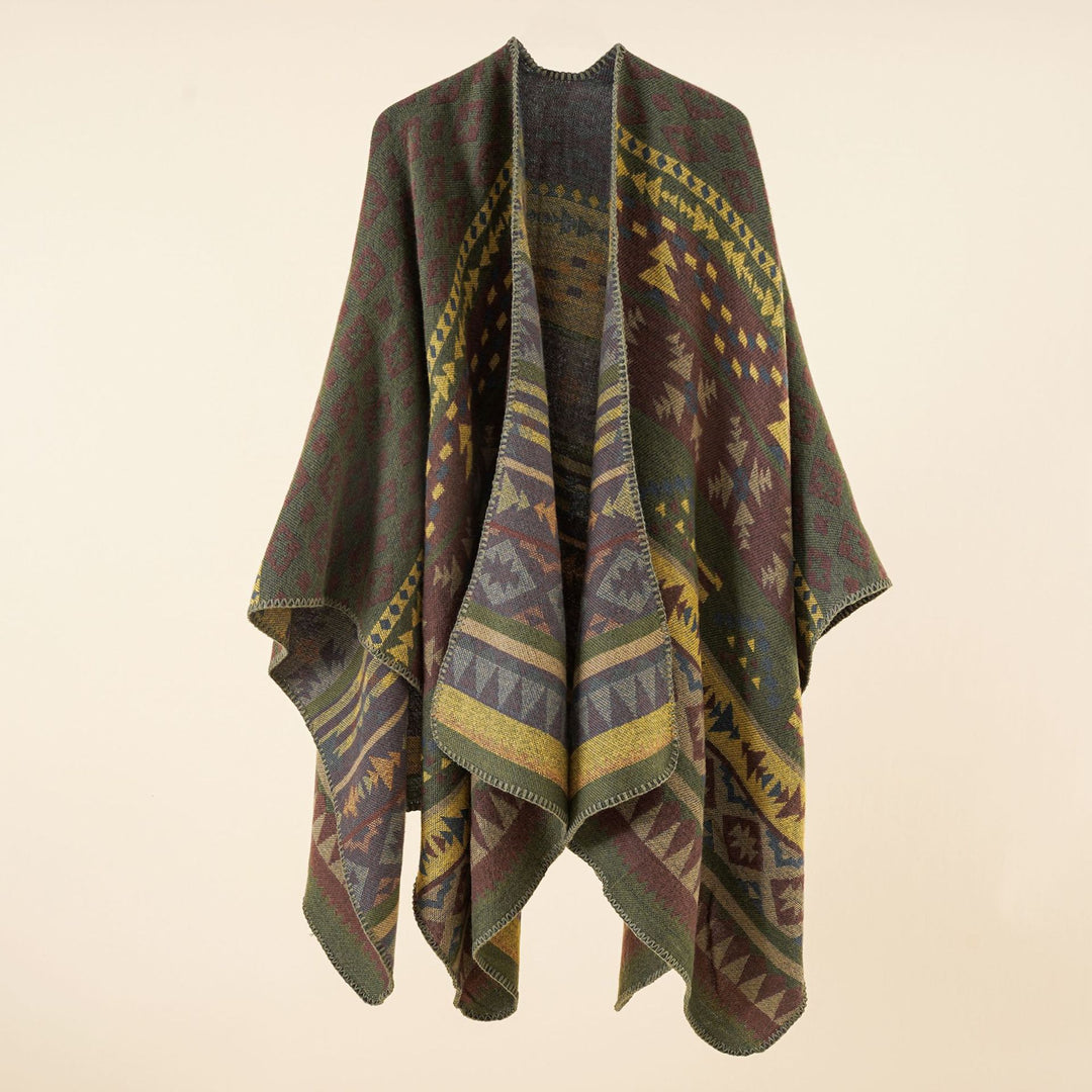 Damen Grobgewebter Ethno-Poncho mit Fransen – Avérine