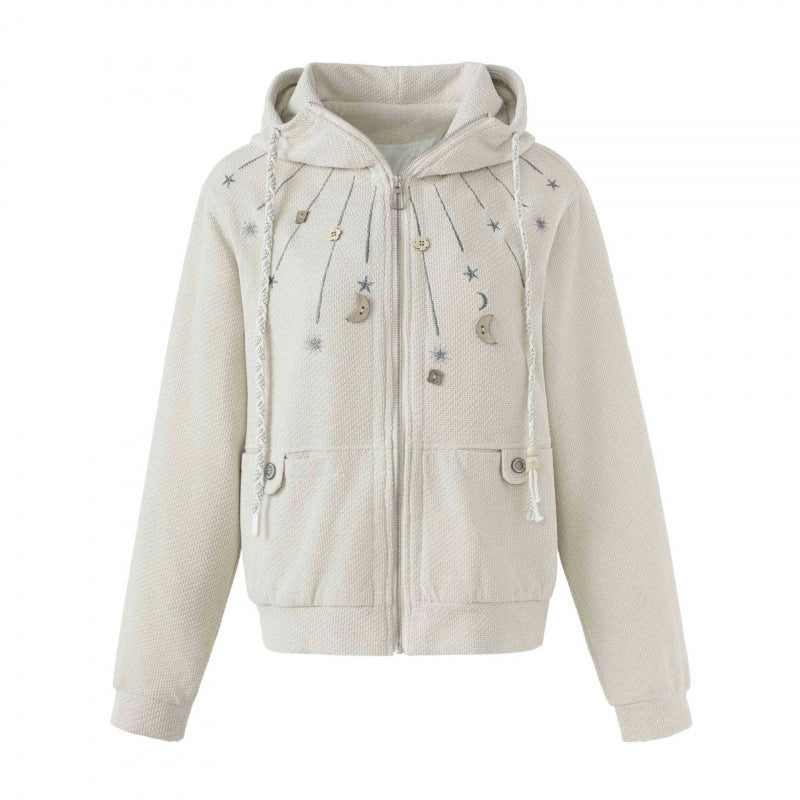 Damen Boxy-Strick-Kapuzenjacke mit himmlischer Stickerei, durchgehendem Reißverschluss und Kordelzug Echo Archiv