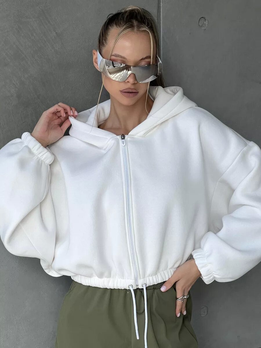 Damen Sportlicher Cropped Hoodie mit Reißverschluss und Kordelzug Echoarchiv