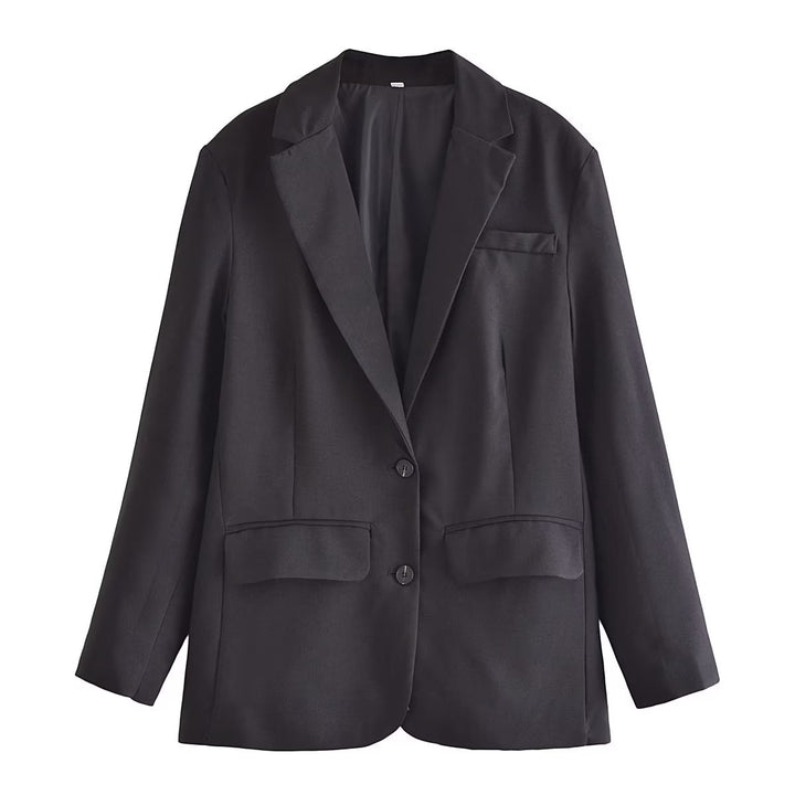 Damen legerer unstrukturierter Longblazer mit fallendem Revers und aufgesetzten Pattentaschen – Célinea