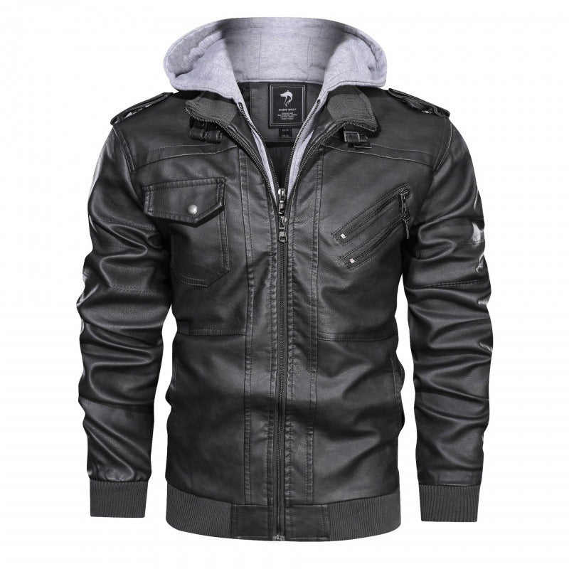 Herren Lederoptik-Kapuzenblouson mit abnehmbarer Sweatkapuze, Rippbündchen und mehrfachen Reißverschlusstaschen – Valtoré