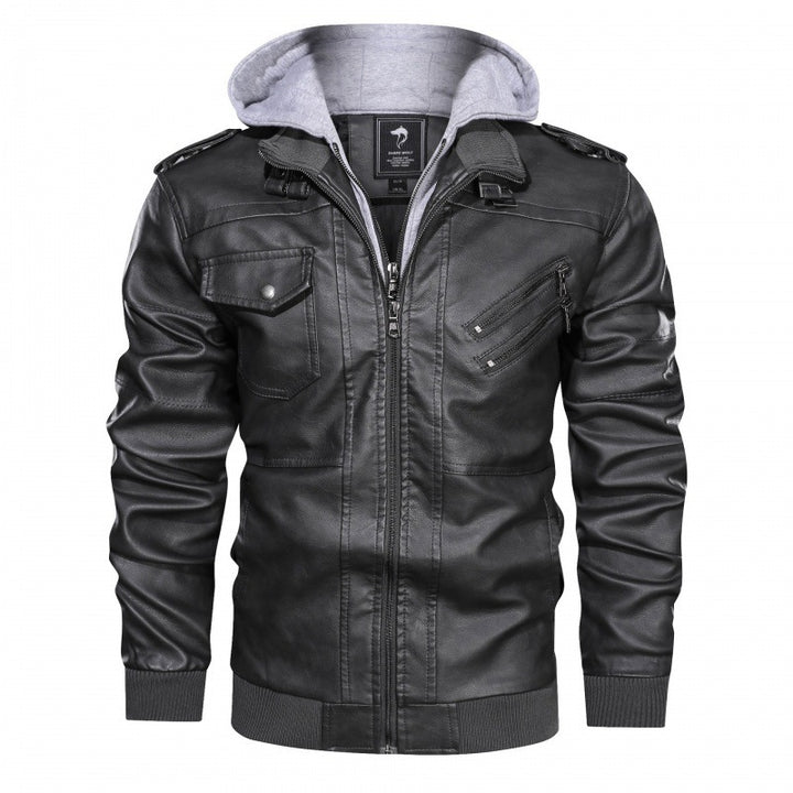 Herren Lederoptik-Kapuzenblouson mit abnehmbarer Sweatkapuze, Rippbündchen und mehrfachen Reißverschlusstaschen – Valtoré