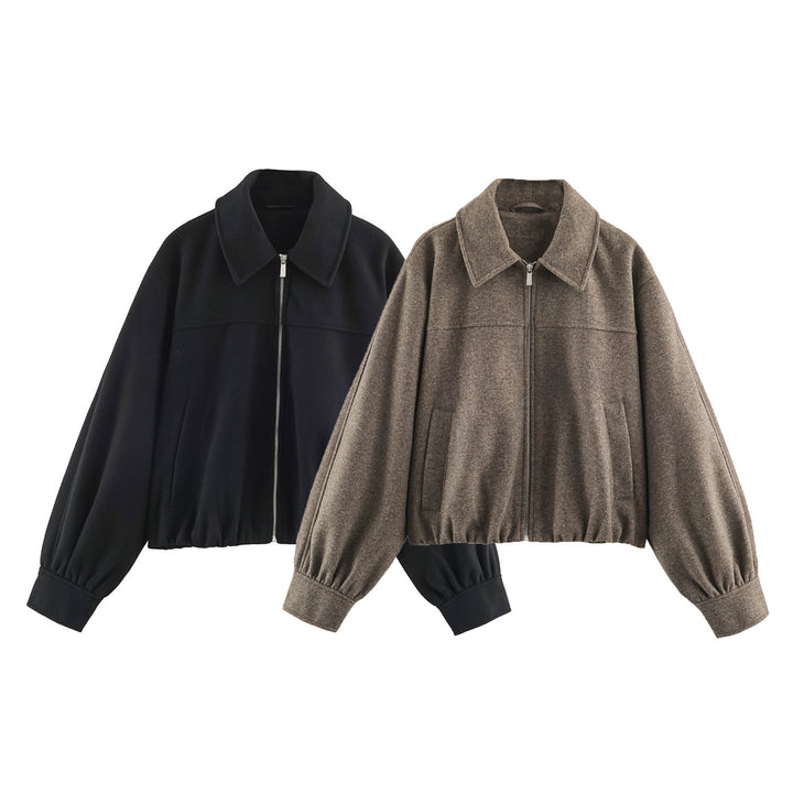Damen Kurzjacke mit Ballonärmeln, weitem Hemdkragen und elastischem Saum Echoarchiv