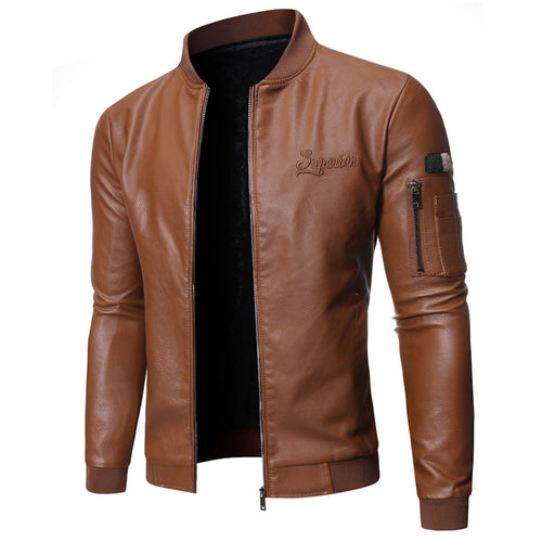 Herren eleganter Kunstlederjacke mit praktischem Stehkragen und modischen Reißverschlüssen Echoarchiv