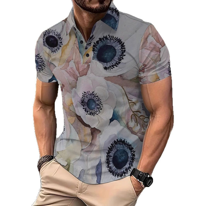 Herren Kurzarm Poloshirt mit floralem Aquarellmuster Echoarchiv