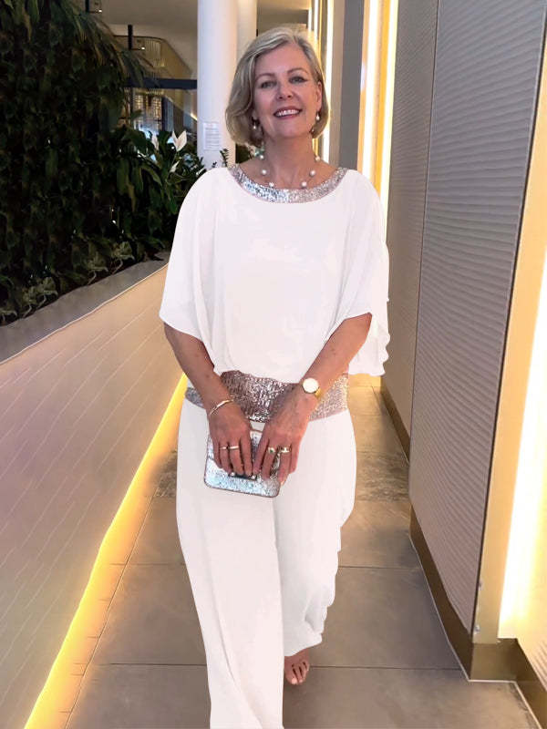 Damen Elegantes Zweiteiliges Abendensemble mit Chiffon-Cape, Paillettenbesatz und Palazzo-Hose Echoarchiv