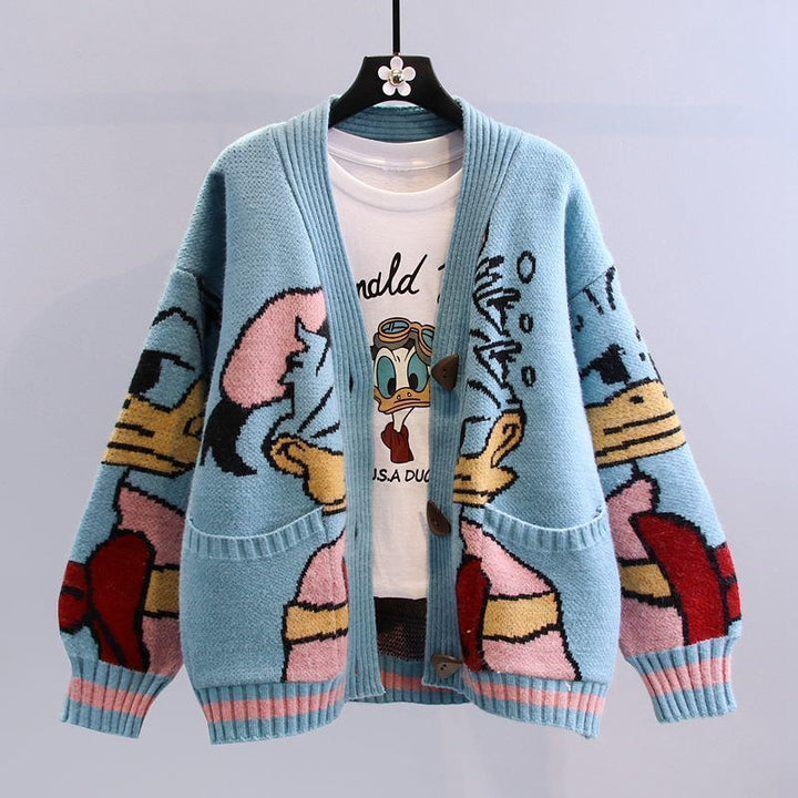 Damen Oversize-Strickcardigan mit Comic-Jacquardmuster und aufgesetzten Taschen – Veloura