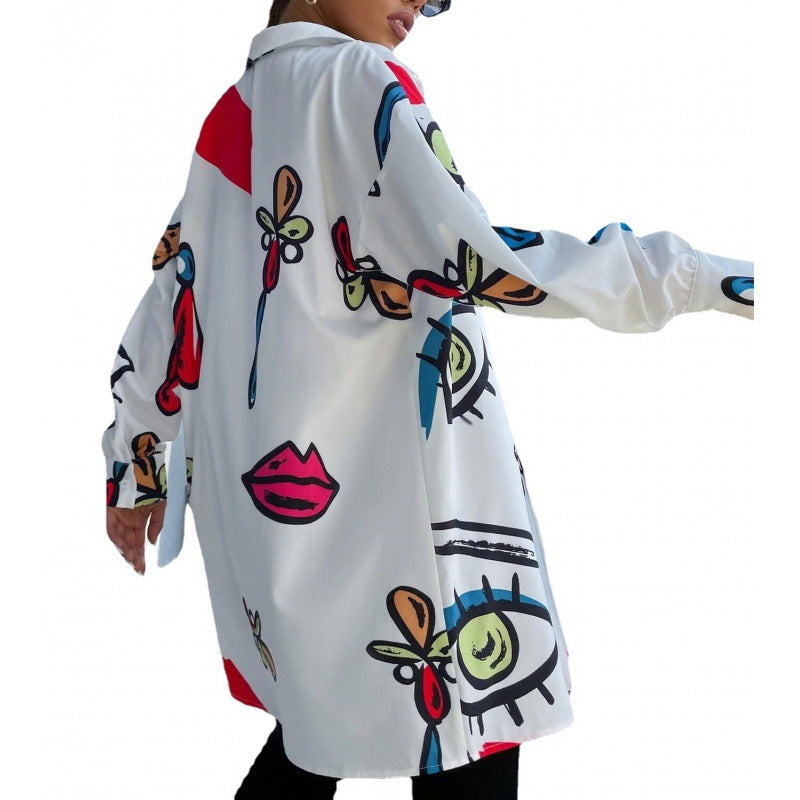 Damen Oversized Longbluse mit Pop‑Art‑Print, Hemdkragen und durchgehender Knopfleiste Echo Archiv