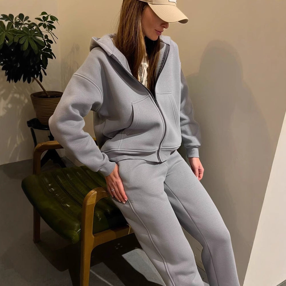 Damen lässiges Fleece-Zweiteiler mit Oversize-Kapuzenjacke und tapered Joggerhose – Auréline