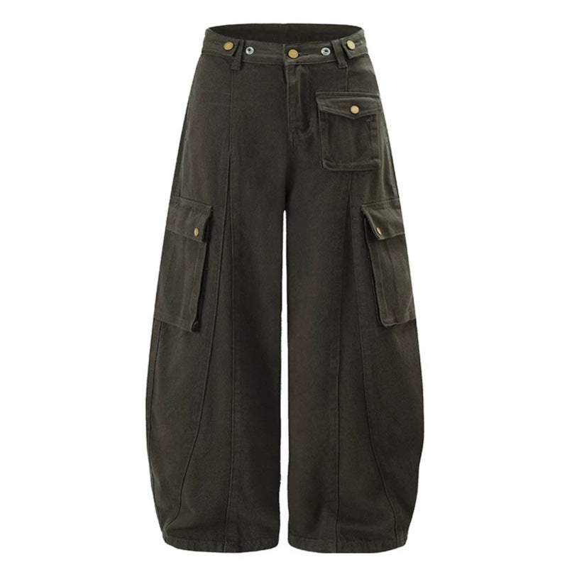 Damen Weite Cargo-Palazzo-Hose mit hohem Bund, Ballon-Saum und mehreren Klappentaschen Echoarchiv
