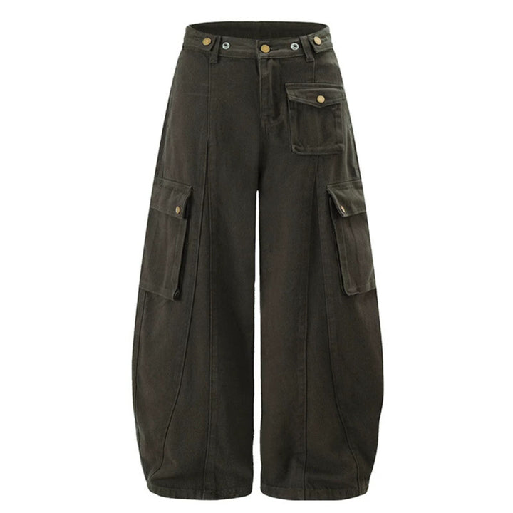 Damen Weite Cargo-Palazzo-Hose mit hohem Bund, Ballon-Saum und mehreren Klappentaschen Echoarchiv