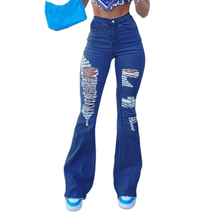 Damen High-Waist Flared-Jeans mit großflächigen Distressed-Rissen und sculptendem Komfortbund Echo Archiv
