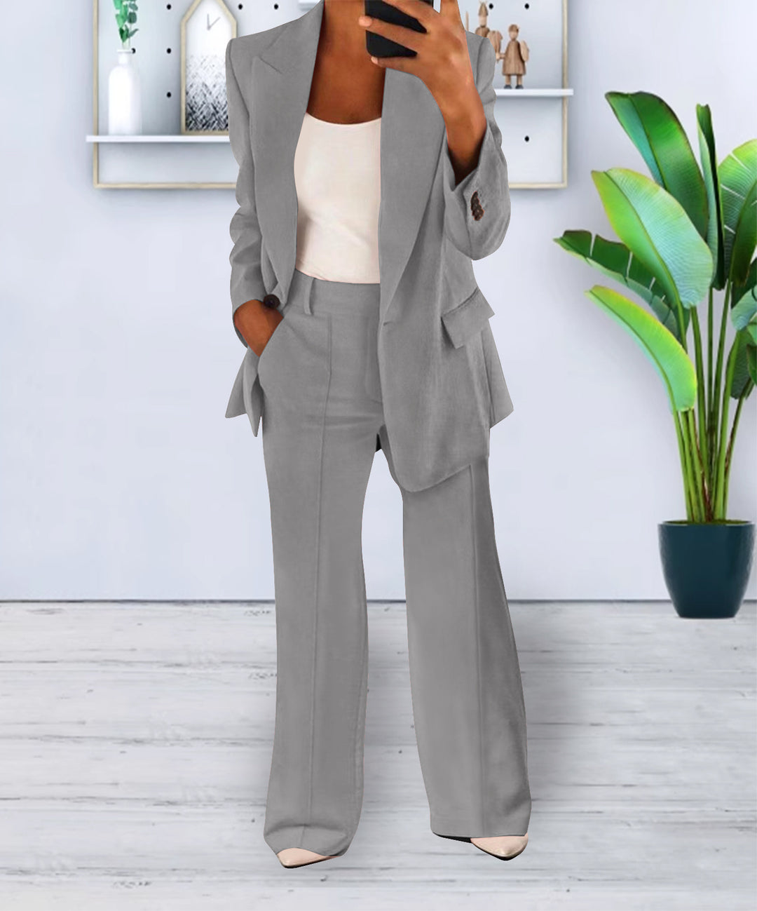 Damen Zweiteiliges Business-Casual Tailoring-Set mit Longline-Blazer und weitem Bundfalten-Hosenbein – Valéne