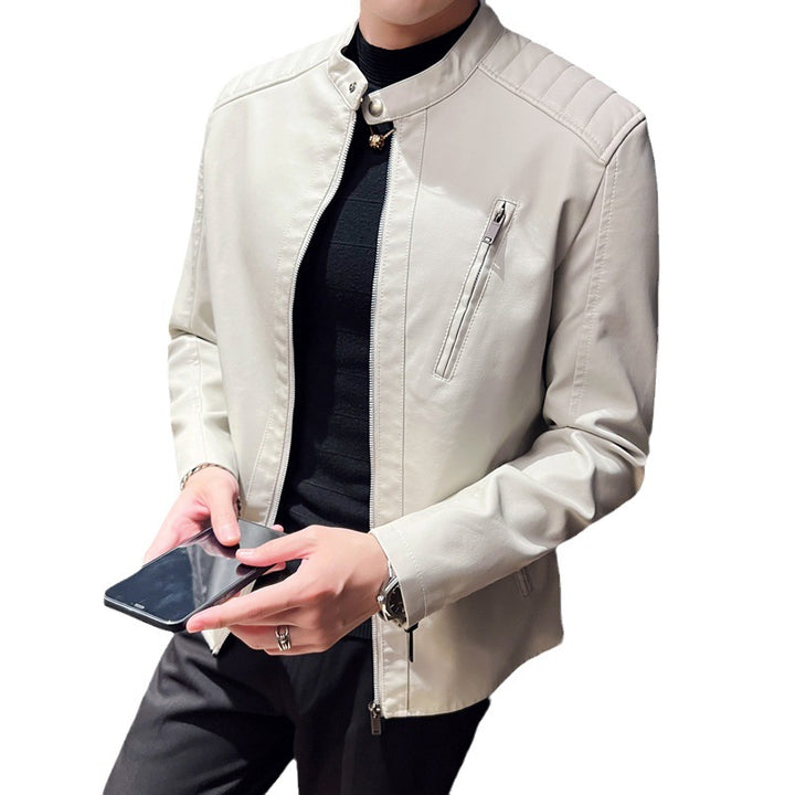 Herren Schlanke Kunstleder-Bikerjacke mit Stehkragen, Steppeinsätzen und Reißverschlusstaschen Echo Archiv