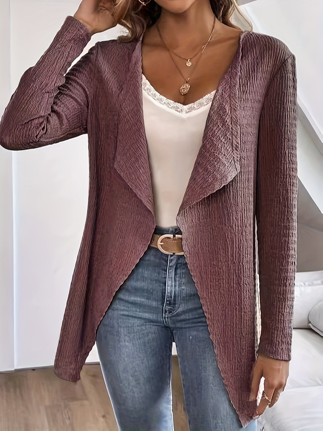 Damen Wasserfall-Blazer aus Crinkle-Struktur, leicht und offen Echoarchiv