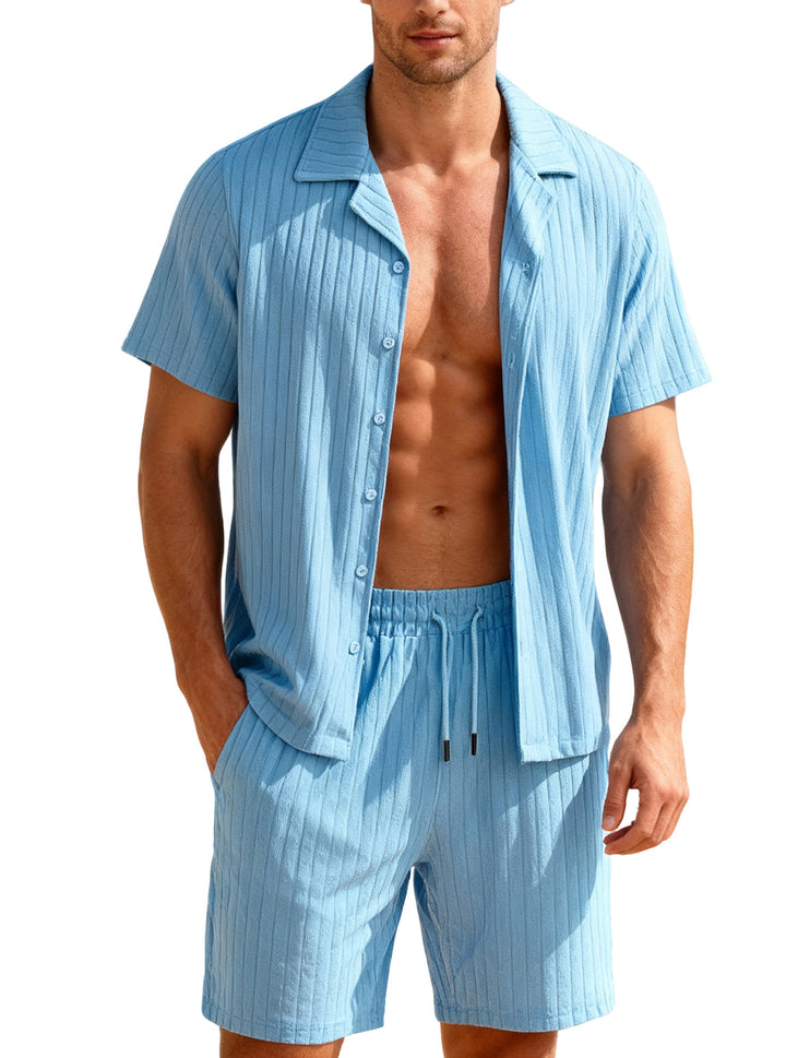 Herren nan geripptes Feinstrick-Lounge-Set mit kurzärmligem Revershemd und Kordelshorts Echo Archiv