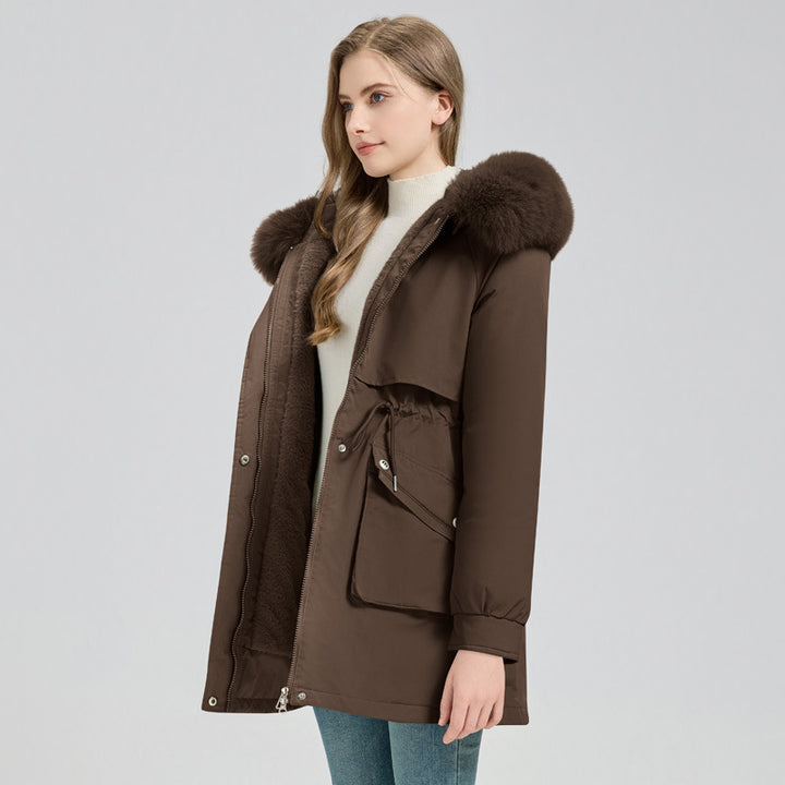 Damen Midilanger Thermoparka mit Teddy-Innenfutter, abnehmbarem Kunstpelzkragen und Taillenregulierung Echo Archiv