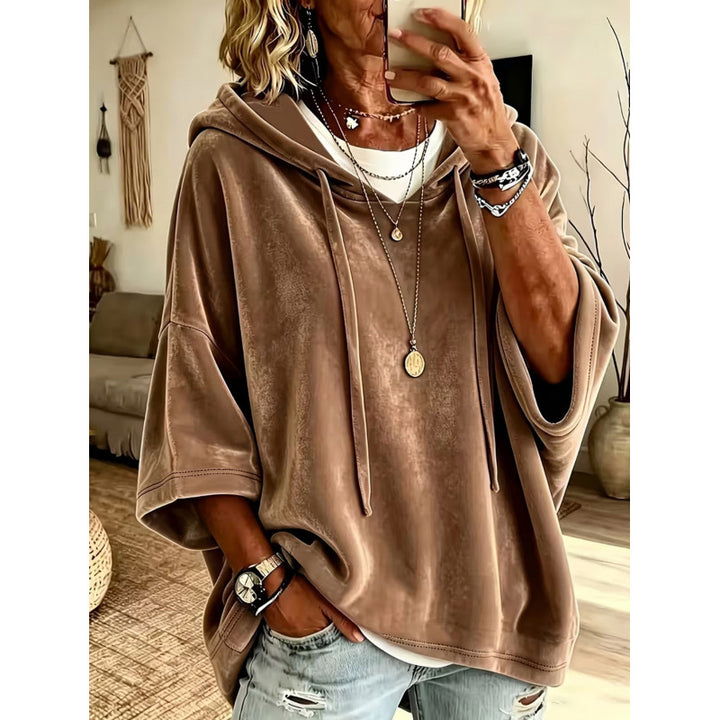Damen Luxuriöser Samt-Hoodie mit Kimono-Kurzärmeln und Tunnelzug Echoarchiv