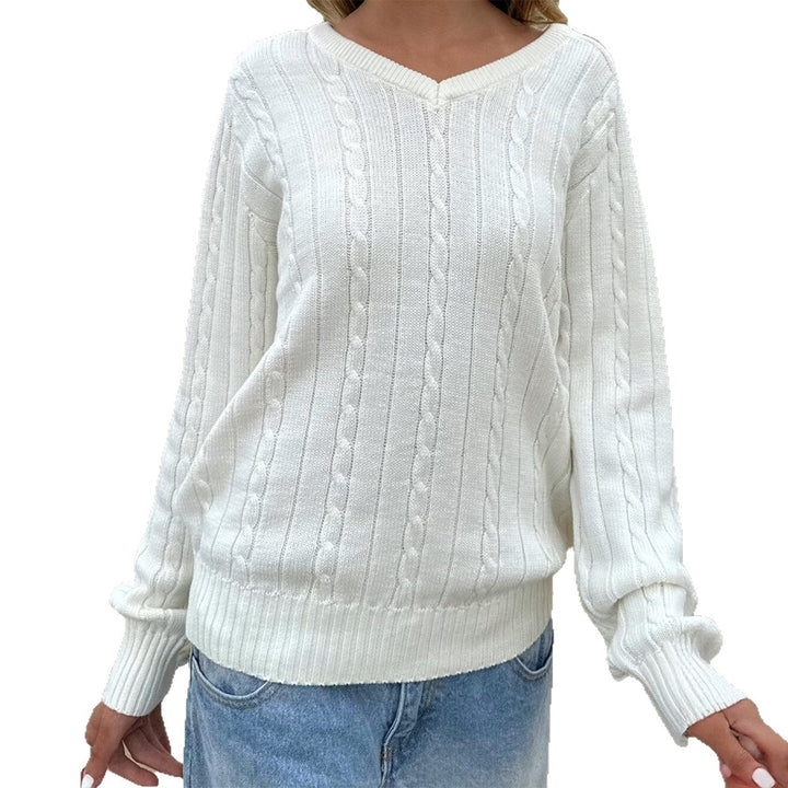 Damen feiner Strukturstrick-Pullover mit V‑Neck, Zopfmuster und geripptem Saum – Mavelle