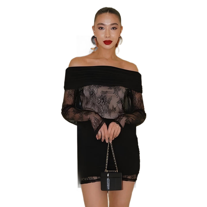 Damen Elegantes Spitzenkleid mit schulterfreier Silhouette und transparenten Ärmeln Echo Archiv