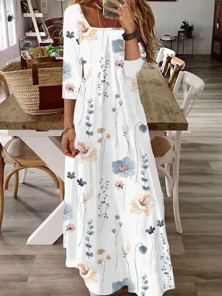 Damen Fließendes Maxikleid mit Dreiviertelärmeln, U-Boot-Ausschnitt und floralem Alloverprint – Valéora