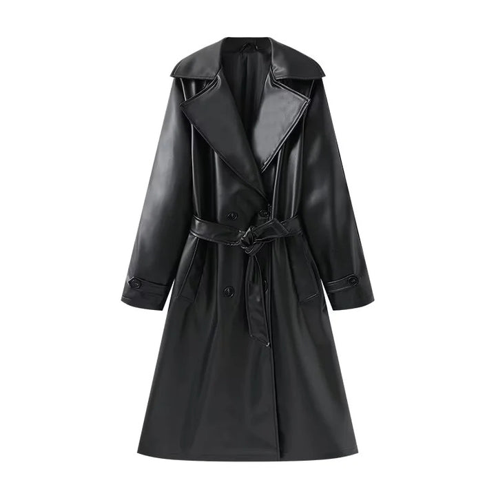 Damen lang geschnittener Trenchcoat aus veganem Lederimitat mit weitem Schalkragen und Bindegürtel – Montévia