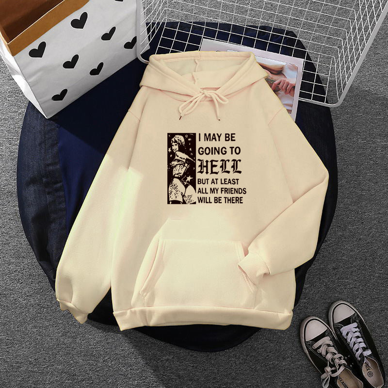 Damen weitgeschnittener Kapuzenpullover mit Gothic-Statementprint und Kängurutasche – Auréline
