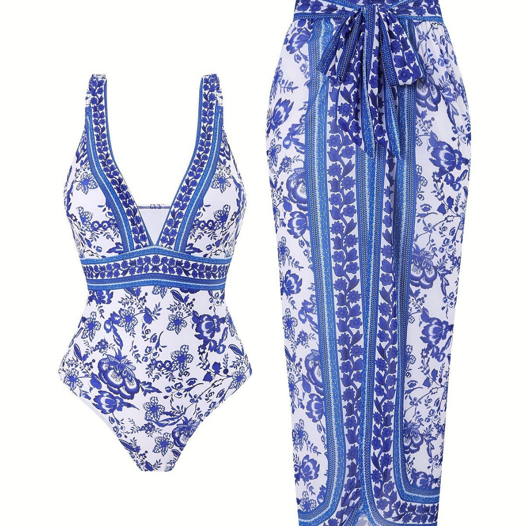 Damen eleganter Einteiler Badeanzug mit passendem Wickelrock Echo Archiv