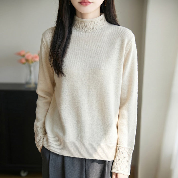 Damen Mockneck-Feinstrickpullover mit Ajour-Detail an Kragen und Bündchen Echoarchiv