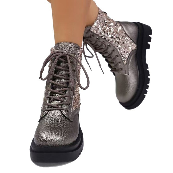 Damen glitzernde Schnür-Bikerboots mit robust profilierter Sohle und metallisch genarbter Oberfläche – Lioré