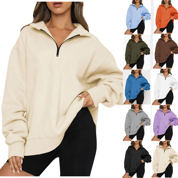 Damen nan oversized Sweatshirt mit halbem Reißverschluss, Stehkragen und überschnittener Schulter Echo Archiv