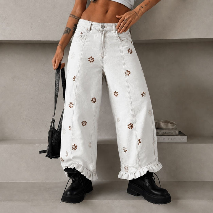 Damen weite Denimhose mit Gänseblümchen-Print, hohem Bund und Rüschenabschluss – Avélisse