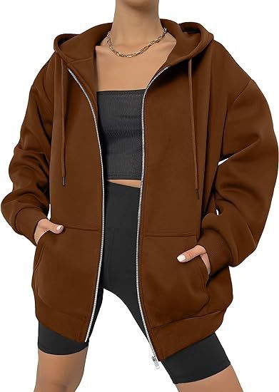 Damen nan oversized Zip-Kapuzenjacke mit kontrastierendem Reißverschluss, doppellagiger Kapuze und Kängurutasche Echo Archiv