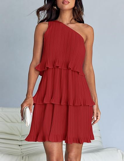 Damen Ärmelloses plissiertes Stufenkleid mit asymmetrischer Schulterpartie Echo Archiv