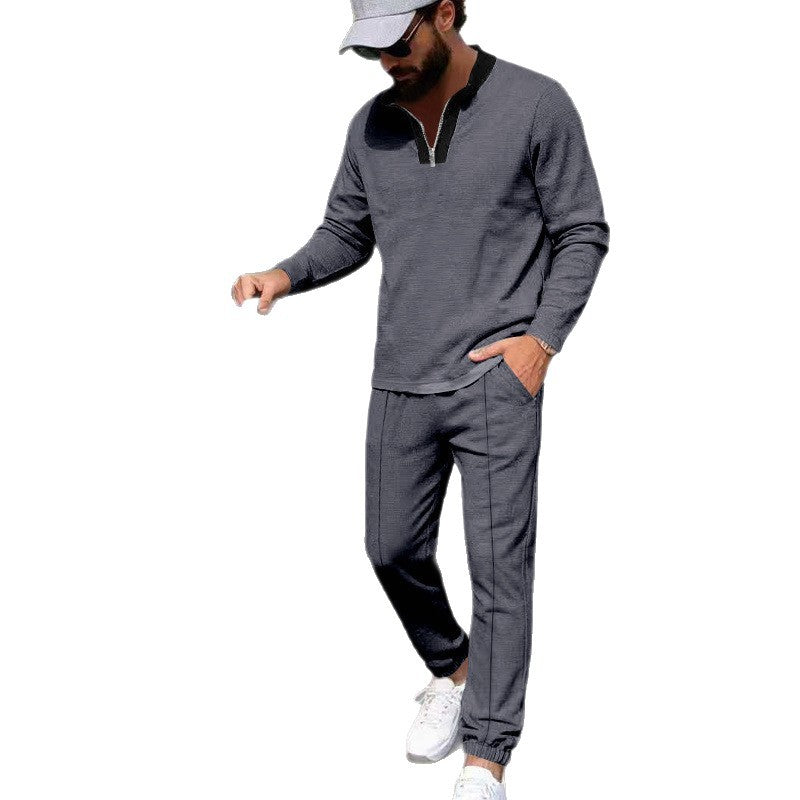 Herren Leichtes Henley-Loungewear-Set mit Kontrastkragen, Tunnelzug-Jogger und elastischen Bündchen – Marzano