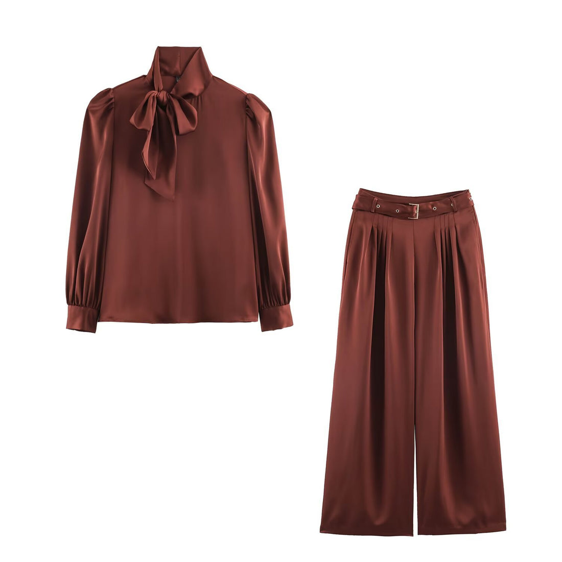 Damen Zweiteiliges Satin-Set mit Schleifenbluse und Plissee-Culotte Echoarchiv