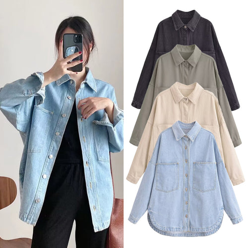 Damen Oversize Jeanshemd‑Jacke mit aufgesetzten Taschen und abgerundetem Saum Echo Archiv
